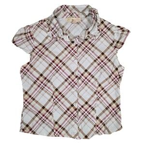 Rich & Famous Plaid Ruffle Collar Blouse Womens XL Pink Brown GOOD Office Wear